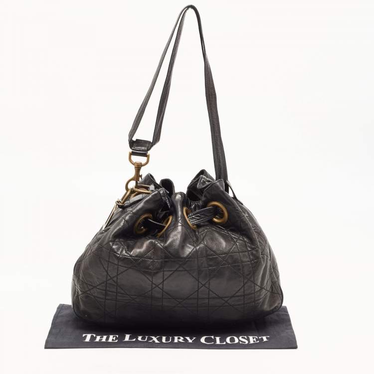 Pre Owned Dior Black Cannage Leather Drawstring Hobo