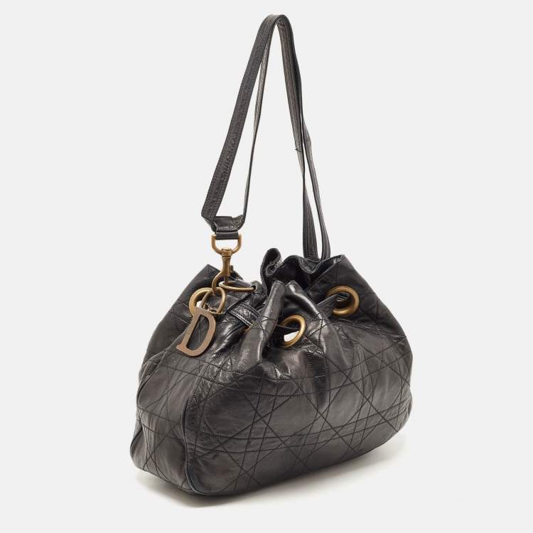 Pre Owned Dior Black Cannage Leather Drawstring Hobo