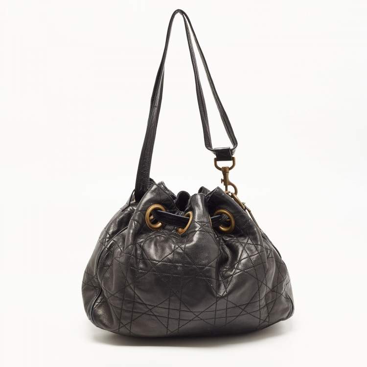 Pre Owned Dior Black Cannage Leather Drawstring Hobo