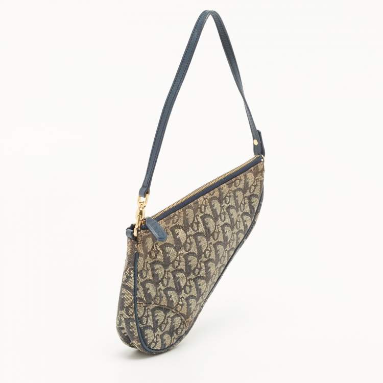 Pre Owned Dior Navy Blue Oblique Canvas and Leather Saddle Pochette Bag