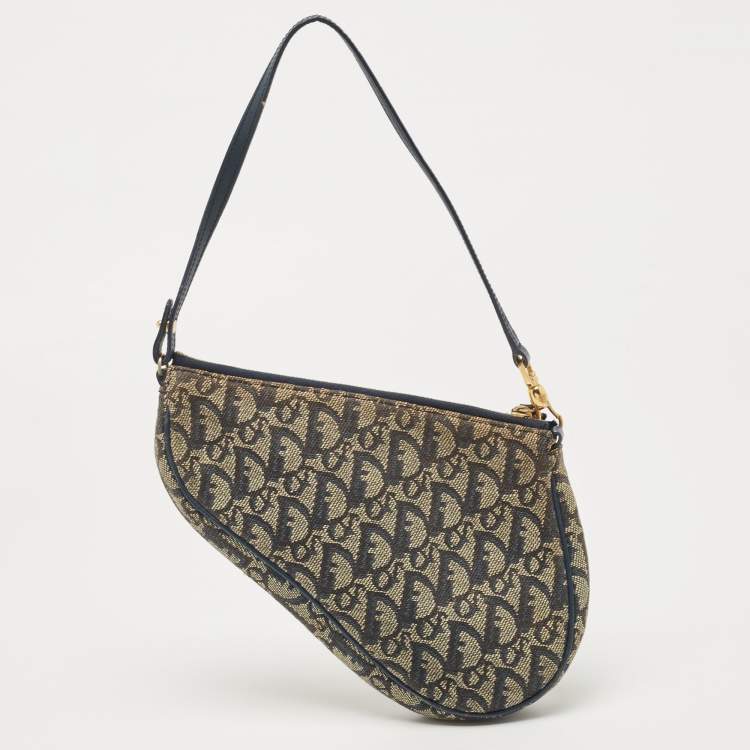 Pre Owned Dior Navy Blue Oblique Canvas and Leather Saddle Pochette Bag