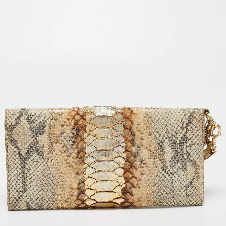 Pre Owned Dior Metallic Beige Python Wristlet Clutch