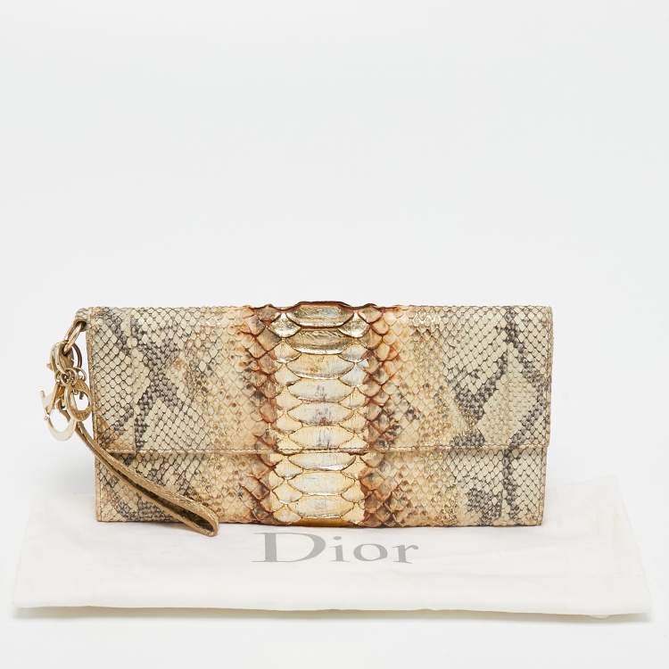 Pre Owned Dior Metallic Beige Python Wristlet Clutch