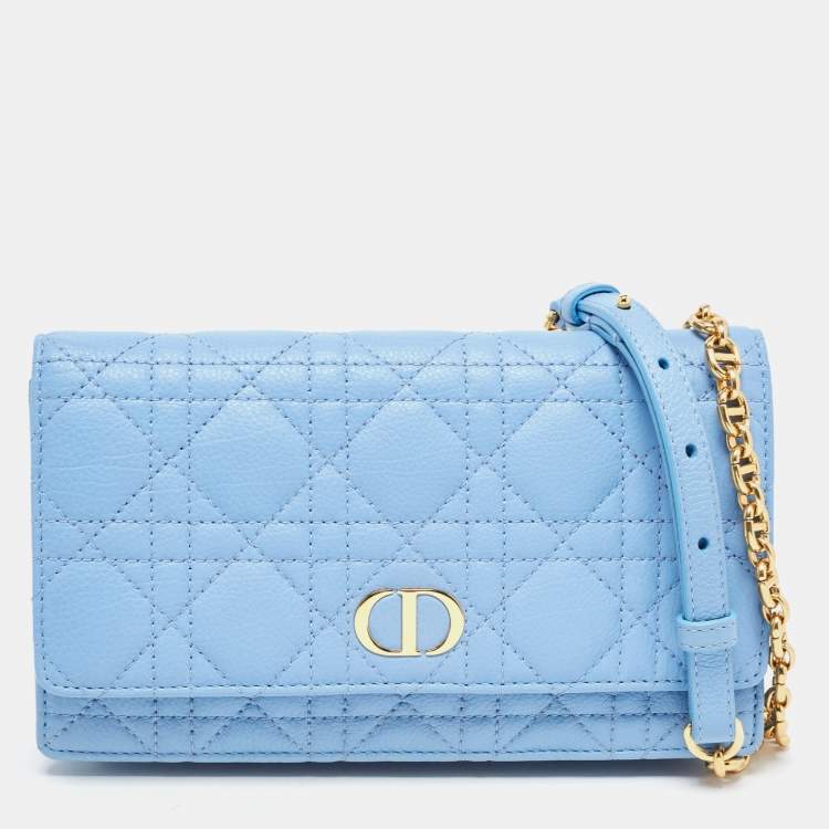 Pre Owned Dior Light Blue Cannage Leather Caro Belt Pouch with Chain