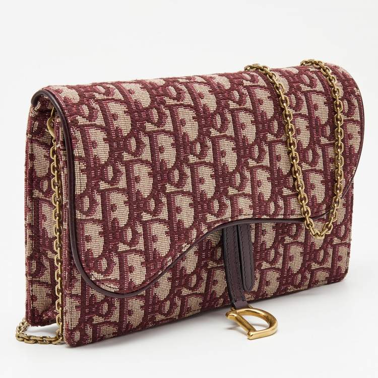 Pre Owned Dior Burgundy Oblique Canvas Saddle Wallet on Chain Bag
