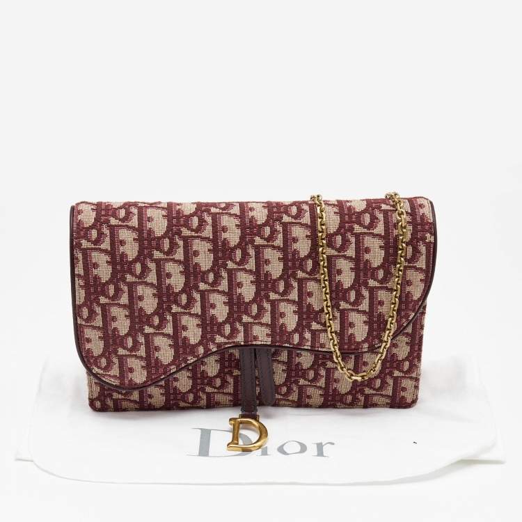 Pre Owned Dior Burgundy Oblique Canvas Saddle Wallet on Chain Bag