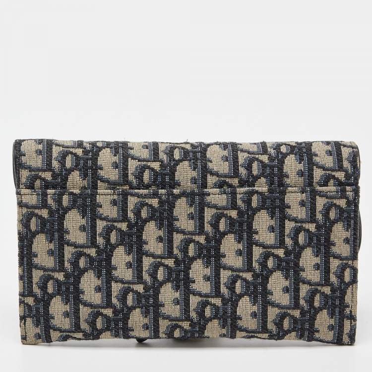 Pre Owned Dior Navy Blue Oblique Canvas and Leather Saddle Wallet On Chain
