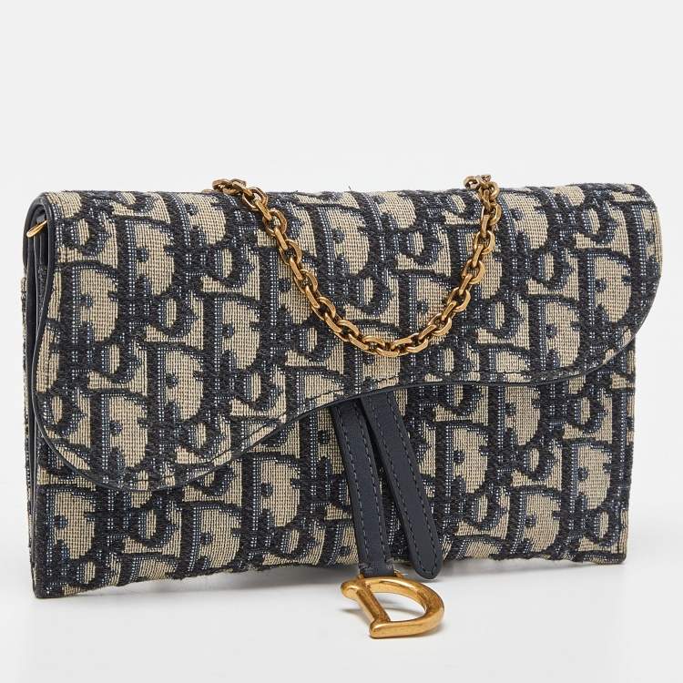 Pre Owned Dior Navy Blue Oblique Canvas and Leather Saddle Wallet On Chain