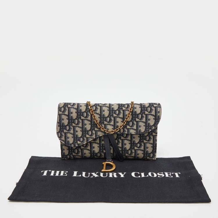 Pre Owned Dior Navy Blue Oblique Canvas and Leather Saddle Wallet On Chain