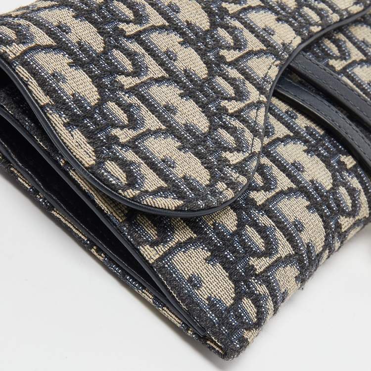 Pre Owned Dior Navy Blue Oblique Canvas and Leather Saddle Wallet On Chain