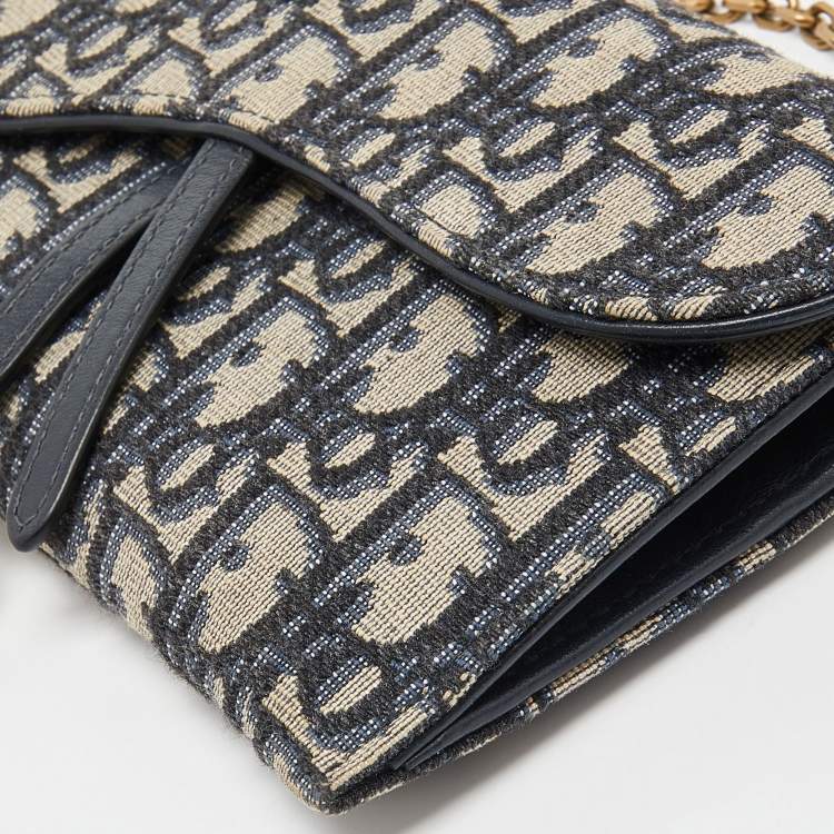 Pre Owned Dior Navy Blue Oblique Canvas and Leather Saddle Wallet On Chain