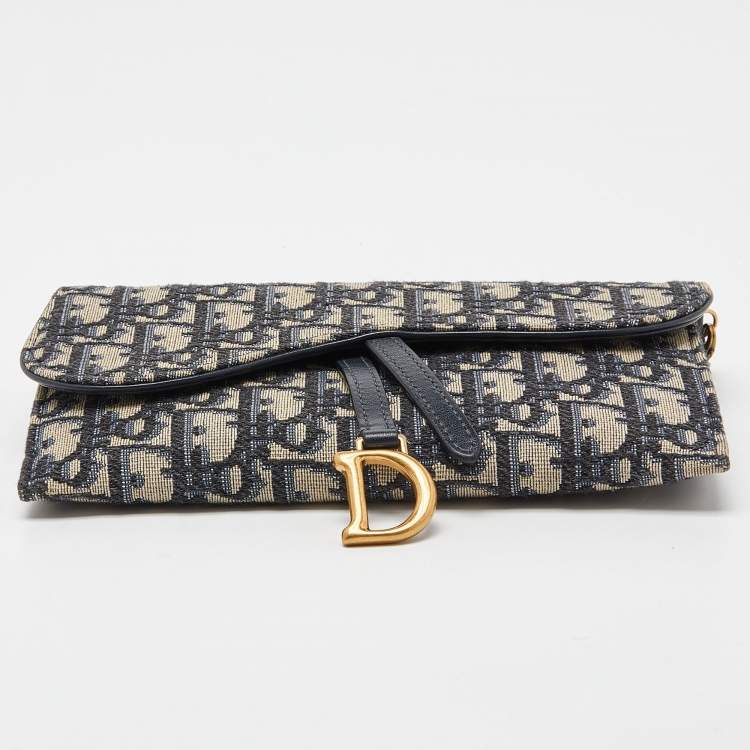 Pre Owned Dior Navy Blue Oblique Canvas and Leather Saddle Wallet On Chain