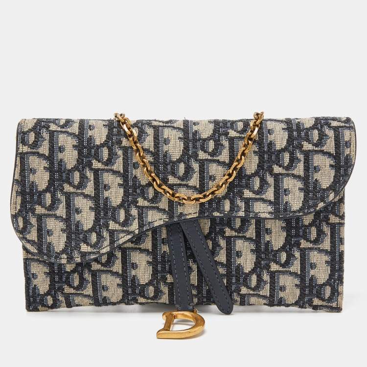Pre Owned Dior Navy Blue Oblique Canvas and Leather Saddle Wallet On Chain