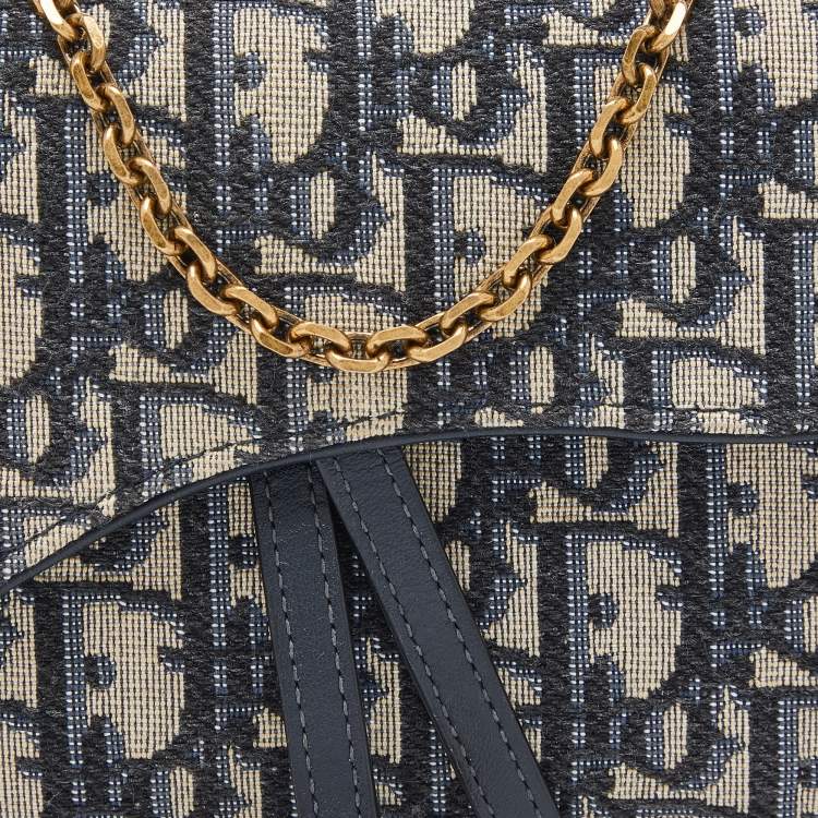Pre Owned Dior Navy Blue Oblique Canvas and Leather Saddle Wallet On Chain