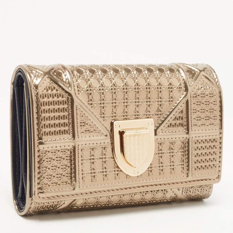 Pre Owned Dior Gold Patent Leather Diorama Trifold Compact Wallet