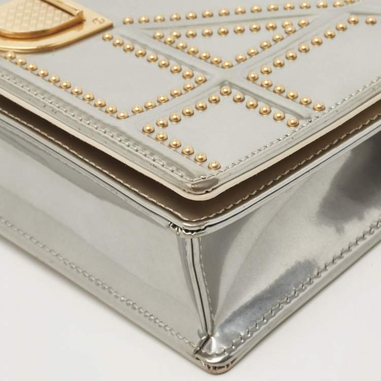 Pre Owned Dior Silver Studded Patent Leather Small Diorama Top Handle Bag