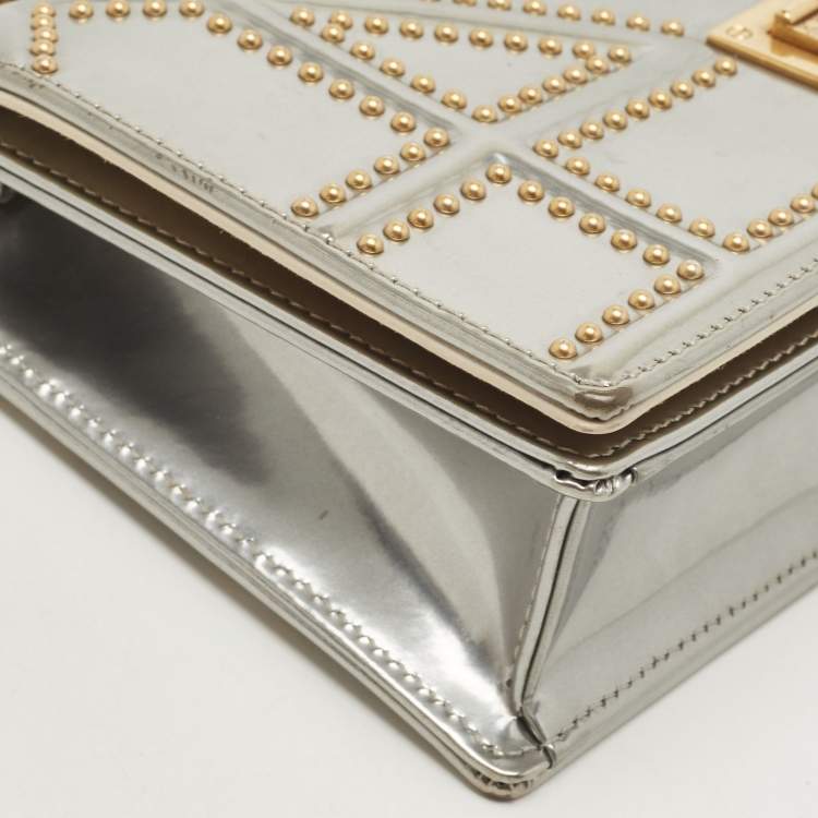Pre Owned Dior Silver Studded Patent Leather Small Diorama Top Handle Bag