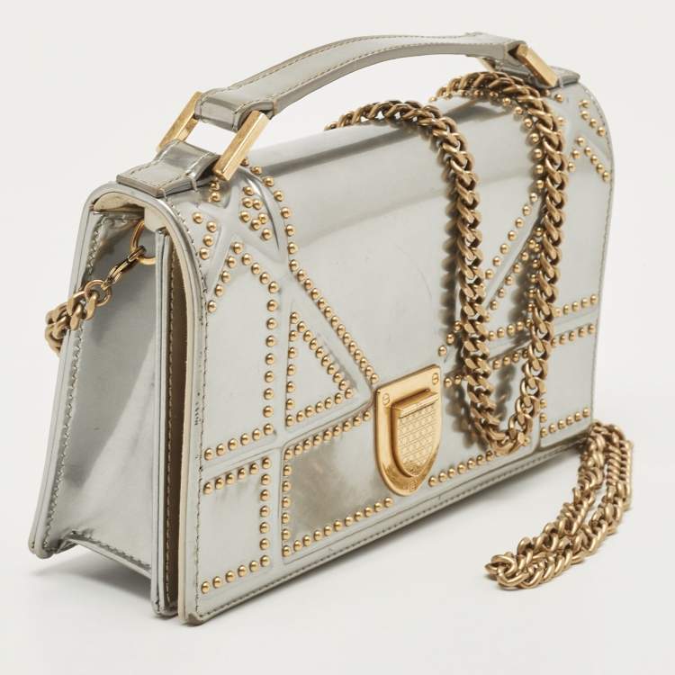 Pre Owned Dior Silver Studded Patent Leather Small Diorama Top Handle Bag