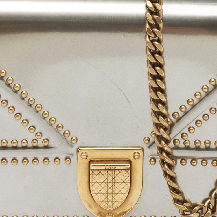 Pre Owned Dior Silver Studded Patent Leather Small Diorama Top Handle Bag