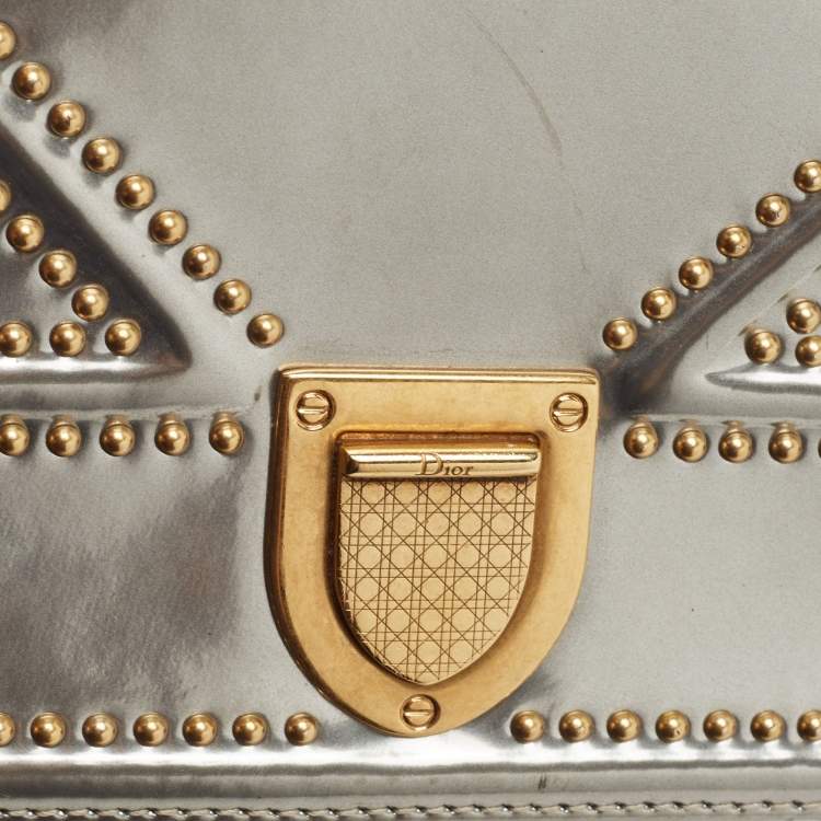 Pre Owned Dior Silver Studded Patent Leather Small Diorama Top Handle Bag