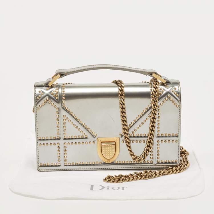 Pre Owned Dior Silver Studded Patent Leather Small Diorama Top Handle Bag