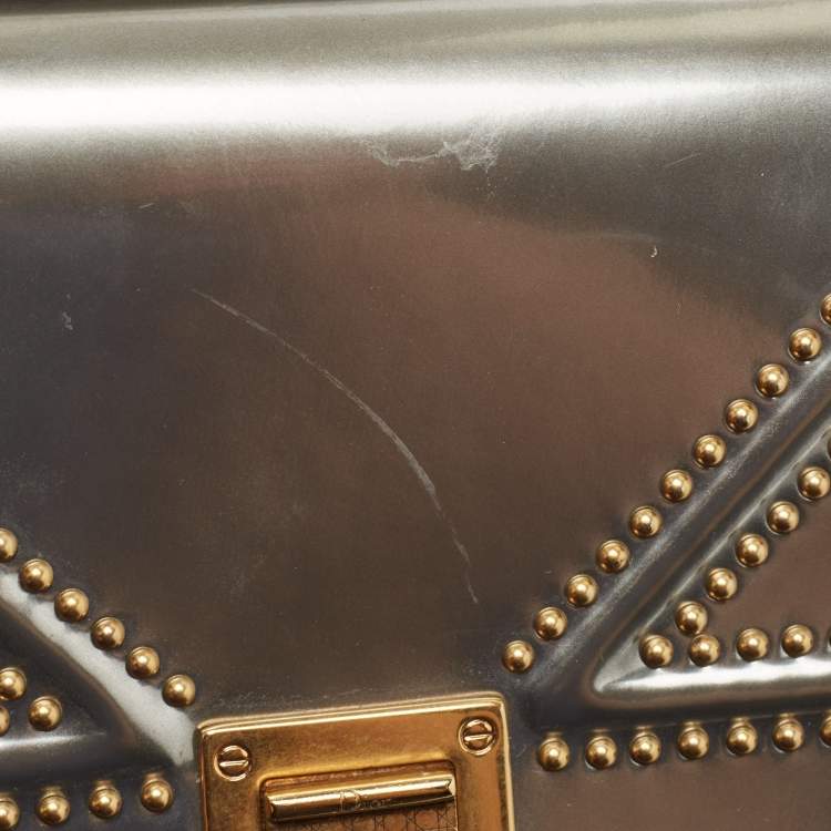 Pre Owned Dior Silver Studded Patent Leather Small Diorama Top Handle Bag