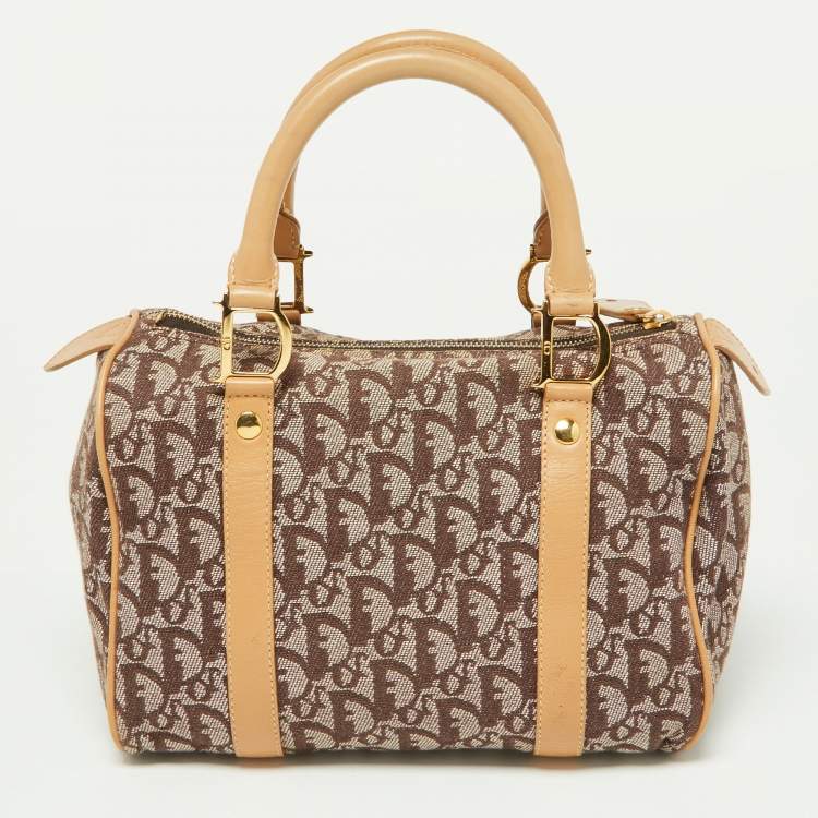 Pre Owned Dior Beige/Tan Oblique Canvas and Leather Small Trotter Boston Bag