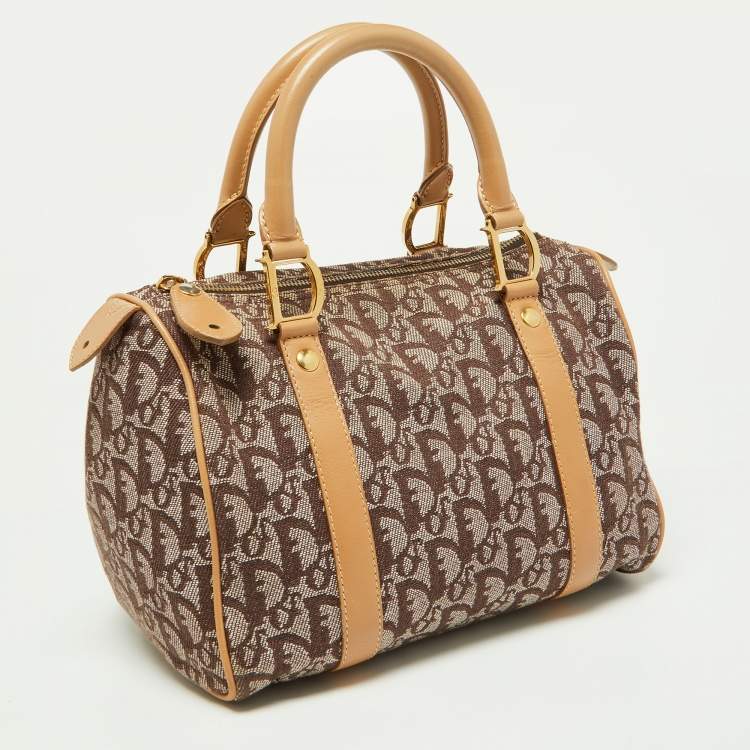 Pre Owned Dior Beige/Tan Oblique Canvas and Leather Small Trotter Boston Bag