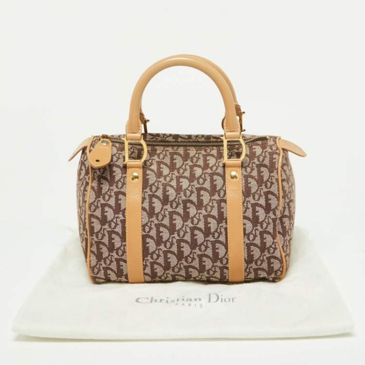 Pre Owned Dior Beige/Tan Oblique Canvas and Leather Small Trotter Boston Bag