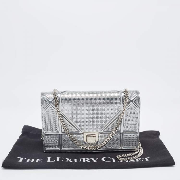 Pre Owned Dior SIlver Micro Cannage Patent Leather Diorama Wallet On Chain