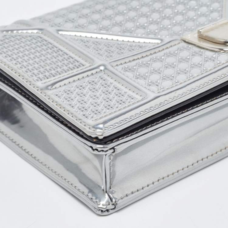 Pre Owned Dior SIlver Micro Cannage Patent Leather Diorama Wallet On Chain