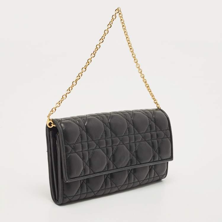 Pre Owned Dior Black Quilted Cannage Leather Lady Dior Wallet on Chain