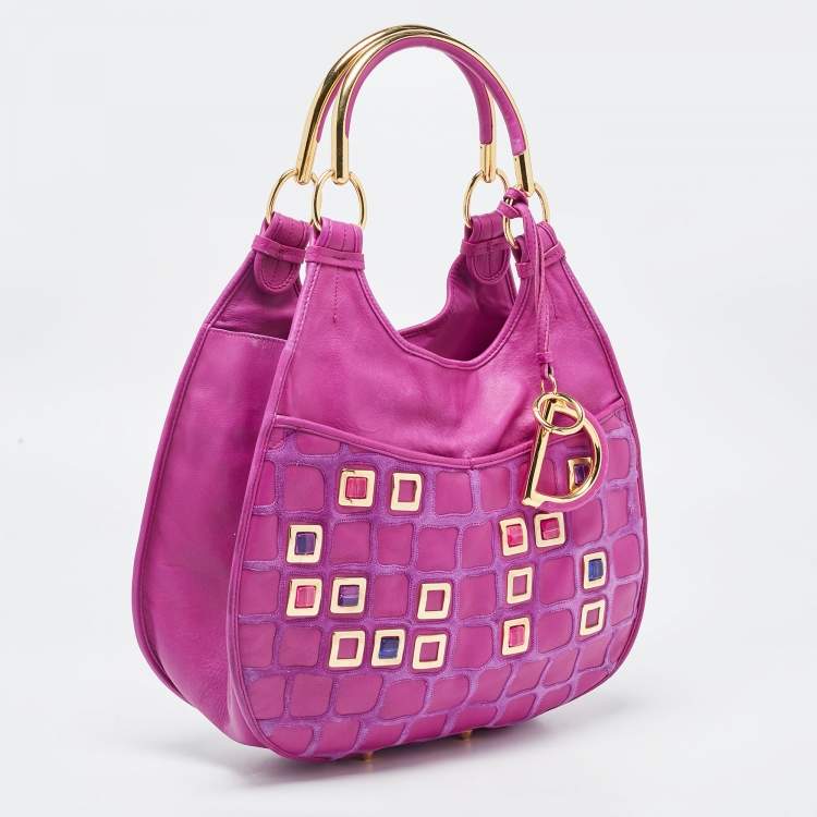 Pre Owned Dior Magenta Leather Jeweled Front Pocket Hobo