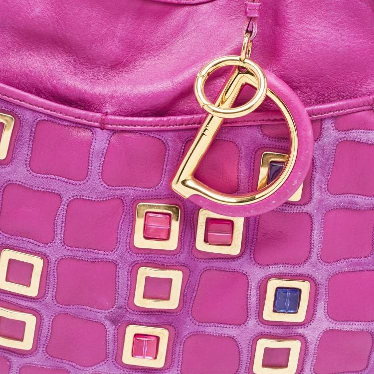 Pre Owned Dior Magenta Leather Jeweled Front Pocket Hobo