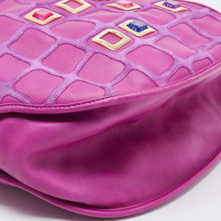 Pre Owned Dior Magenta Leather Jeweled Front Pocket Hobo