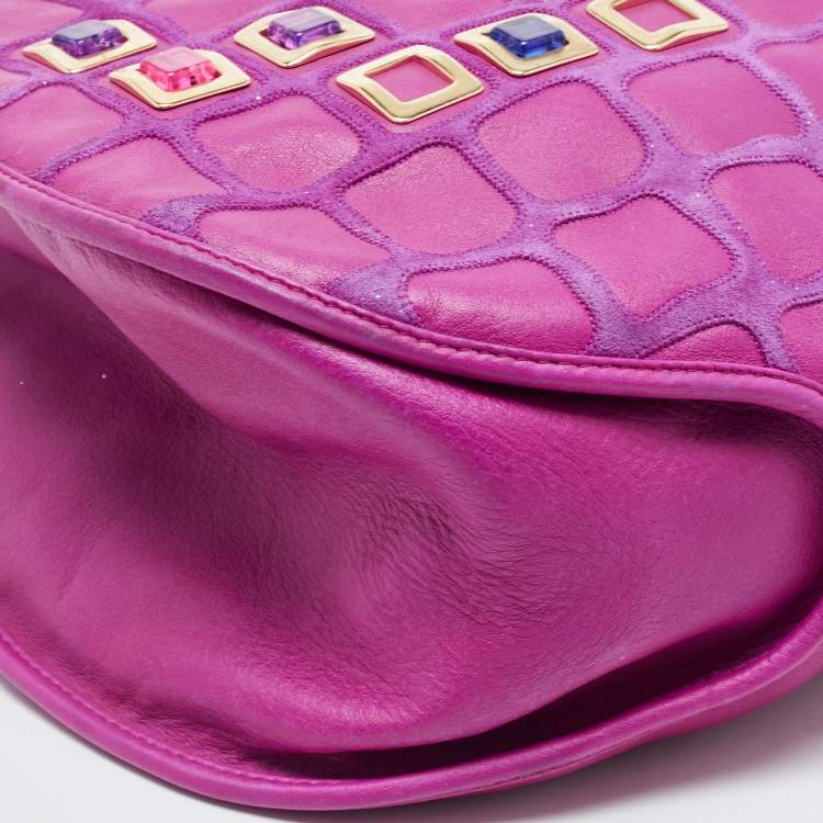Pre Owned Dior Magenta Leather Jeweled Front Pocket Hobo