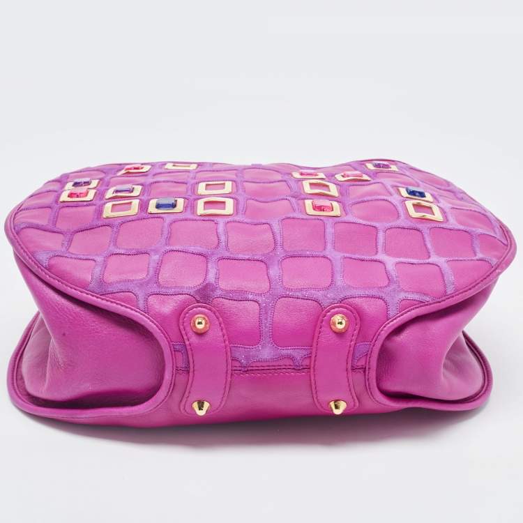 Pre Owned Dior Magenta Leather Jeweled Front Pocket Hobo