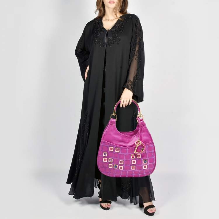 Pre Owned Dior Magenta Leather Jeweled Front Pocket Hobo