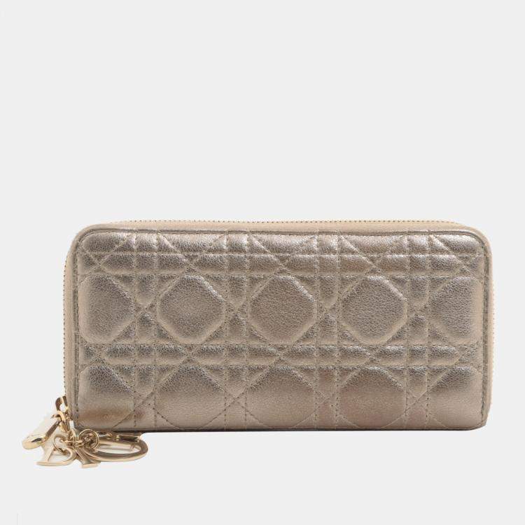 Christian Dior Lady Dior Cannage Leather Round-Zip-Wallet Gold