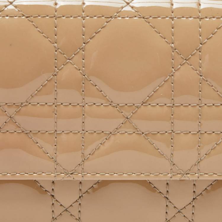 Pre Owned Dior Beige Cannage Patent Leather Lady Dior Wallet on Chain