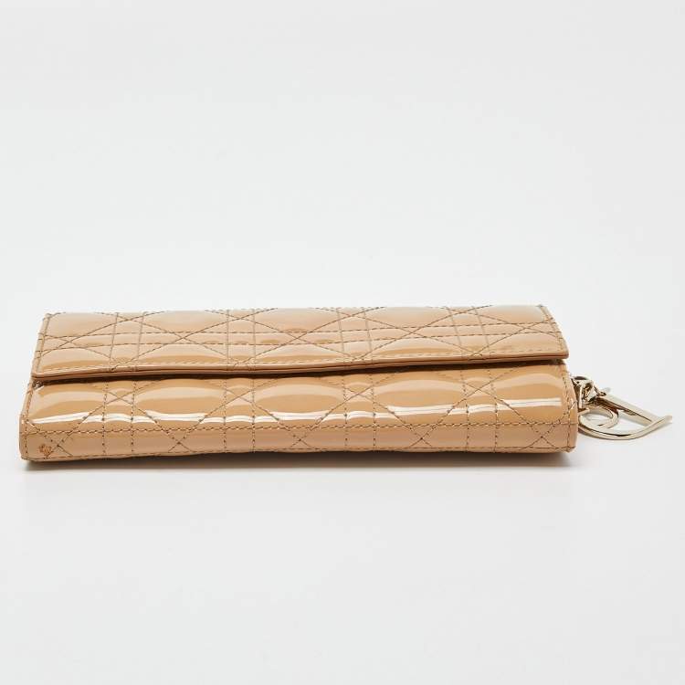 Pre Owned Dior Beige Cannage Patent Leather Lady Dior Wallet on Chain