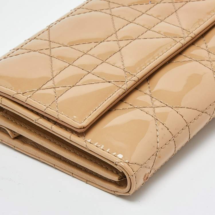 Pre Owned Dior Beige Cannage Patent Leather Lady Dior Wallet on Chain