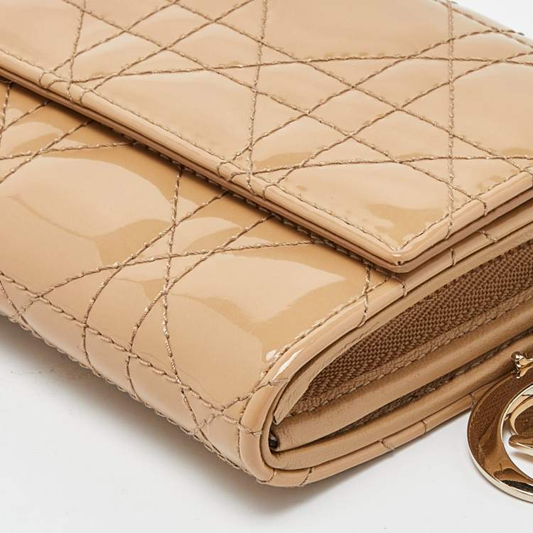 Pre Owned Dior Beige Cannage Patent Leather Lady Dior Wallet on Chain