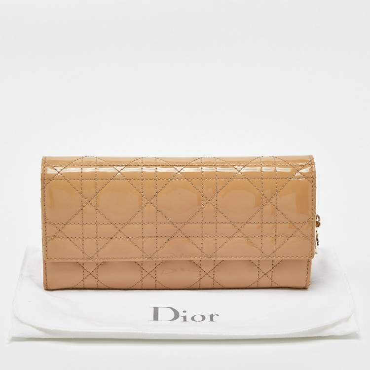 Pre Owned Dior Beige Cannage Patent Leather Lady Dior Wallet on Chain