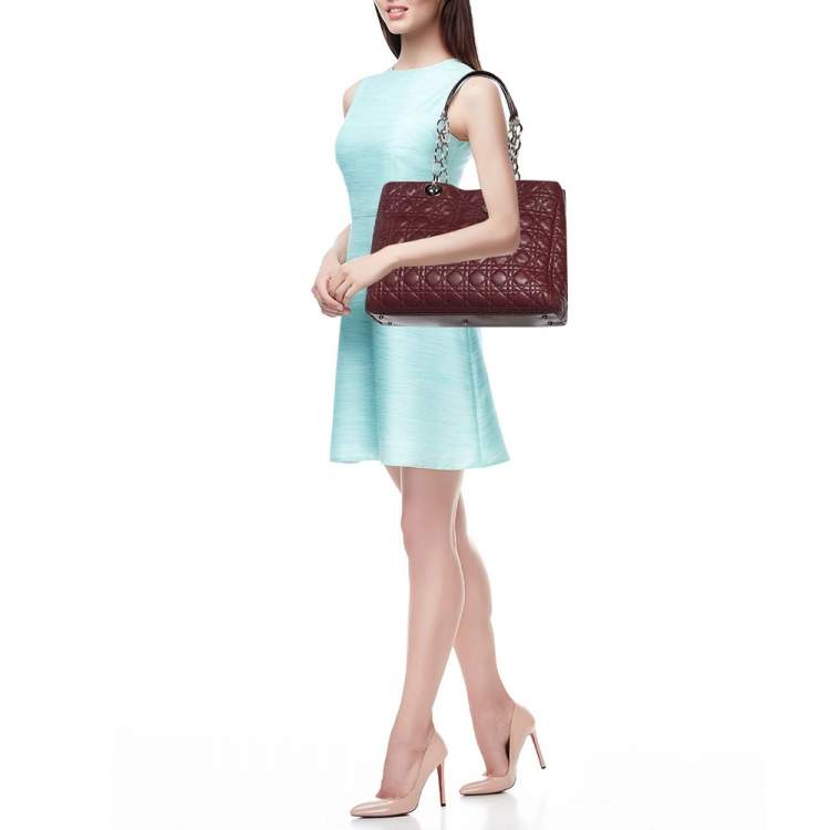 Pre Owned Dior Burgundy Cannage Leather Large Soft Lady Dior Shopper Tote