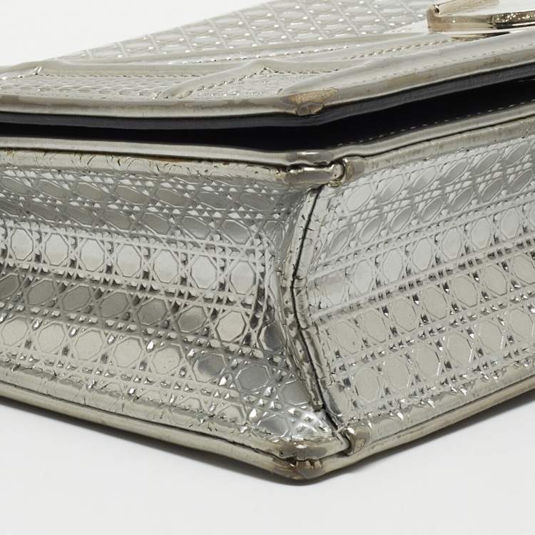 Pre Owned Dior Silver Micro Cannage Patent Leather Diorama Wallet on Chain 