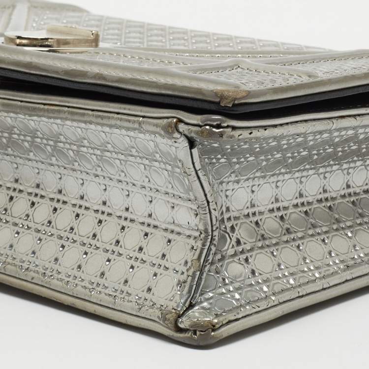 Pre Owned Dior Silver Micro Cannage Patent Leather Diorama Wallet on Chain 