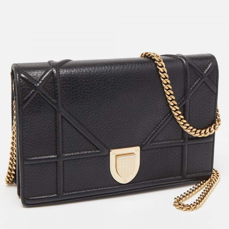 Pre Owned Dior Black Leather Diorama Wallet on Chain