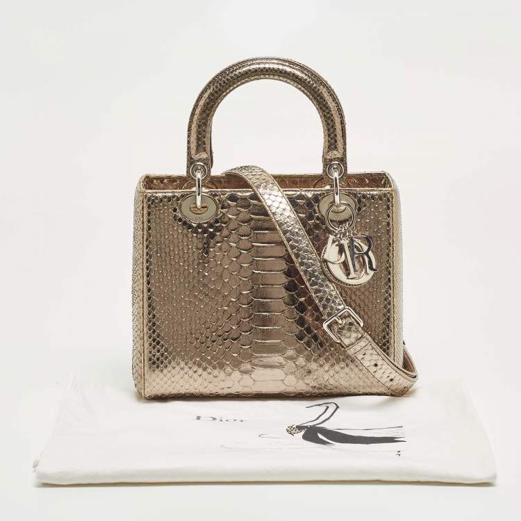 Pre Owned Dior Pale Gold Python Medium Lady Dior Tote