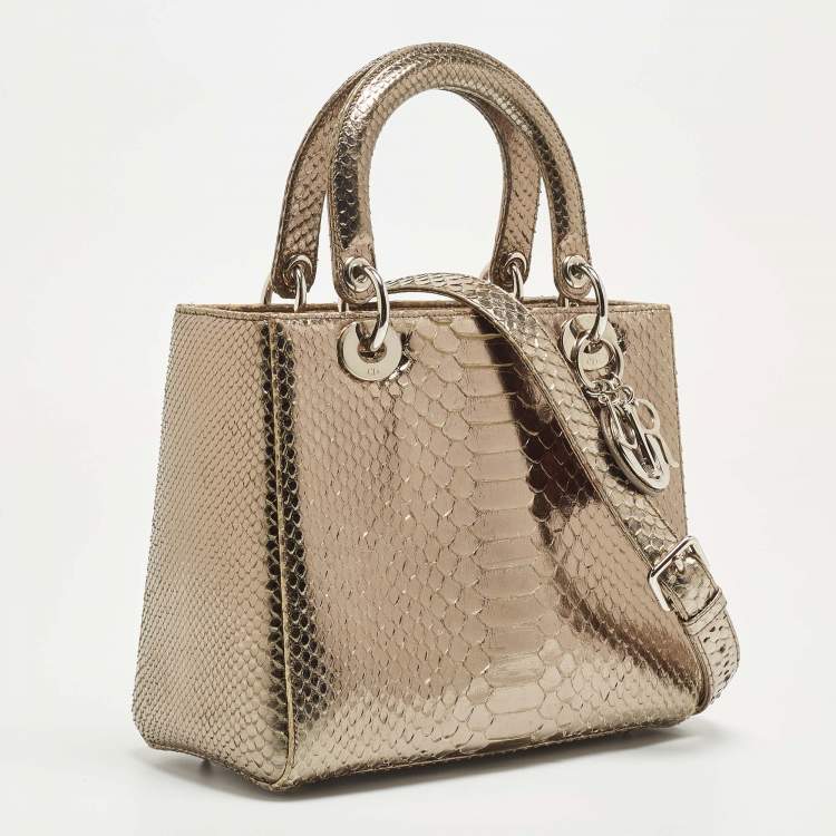 Pre Owned Dior Pale Gold Python Medium Lady Dior Tote